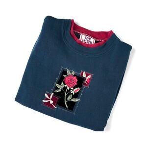Embroidered Cottagecore Christmas Rose Sweatshirt Green Red Petite Large
